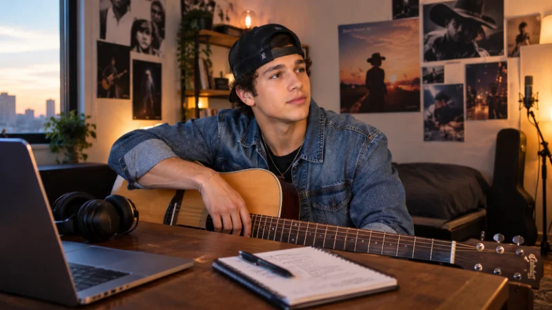 Austin Mahone sitting with his guitar in a home studio with posters on the wall