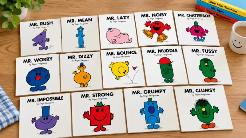 Roger Hargreaves drawing cartoon characters at his desk