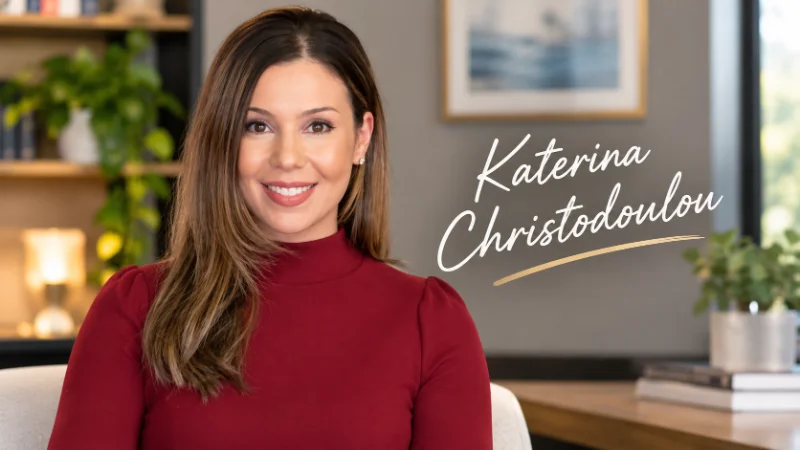 Katerina Christodoulou presenting a BBC weather forecast in a television studio