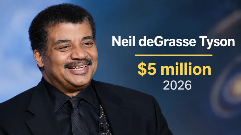 Neil deGrasse Tyson speaking in a planetarium beside a model of the solar system